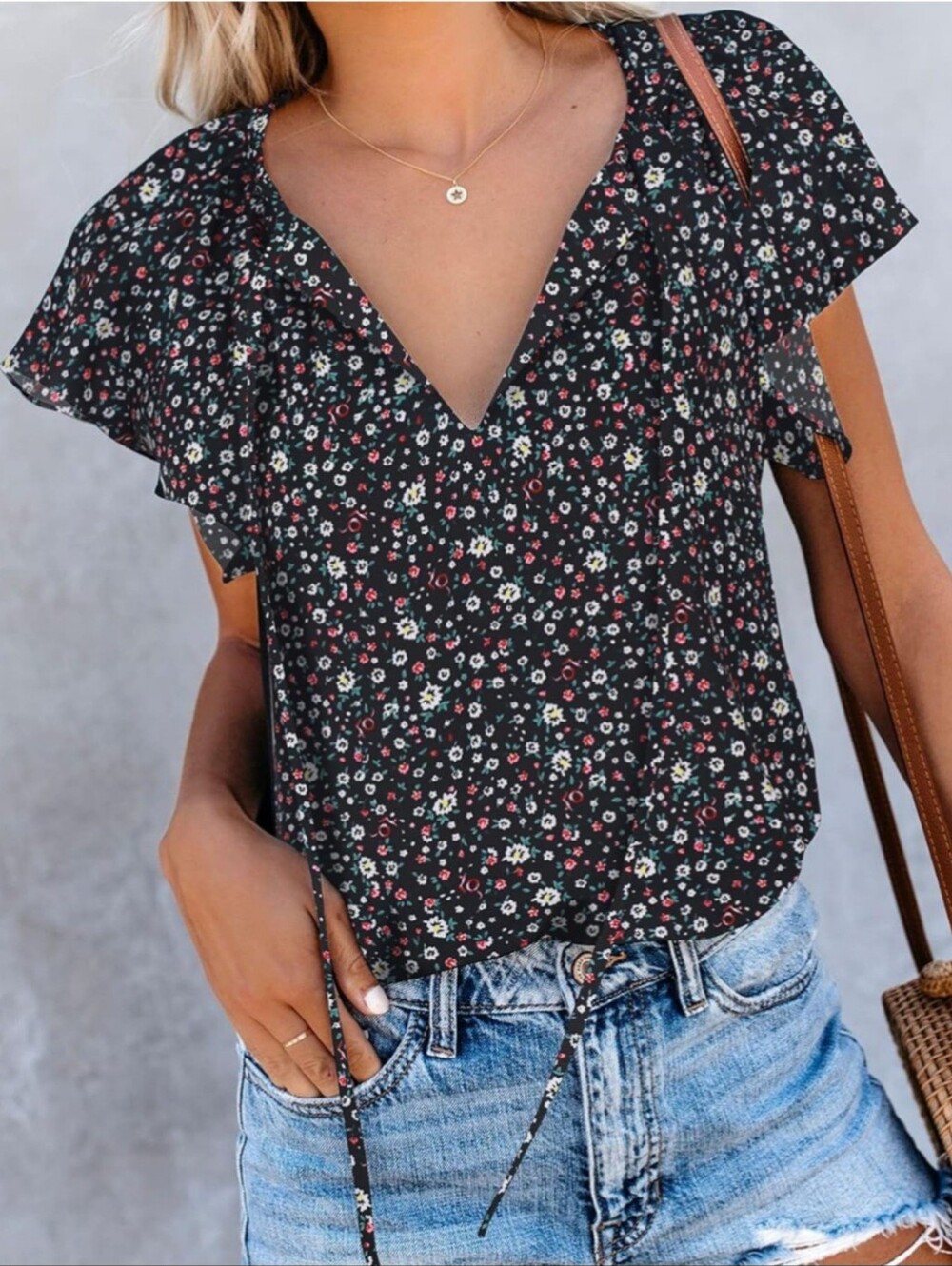 Simplee Black Floral Tie-Neck Women’s Blouse